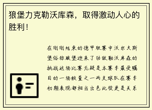 狼堡力克勒沃库森，取得激动人心的胜利！
