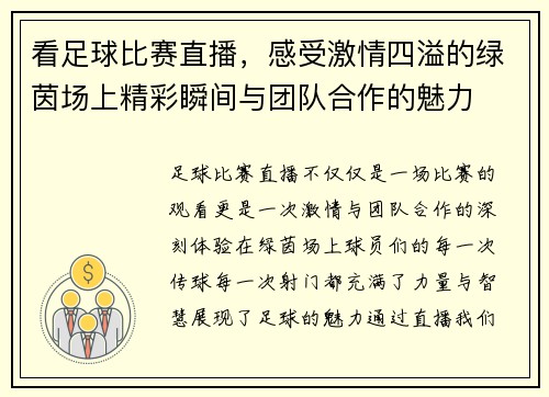 看足球比赛直播，感受激情四溢的绿茵场上精彩瞬间与团队合作的魅力