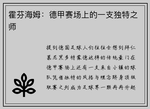 霍芬海姆：德甲赛场上的一支独特之师
