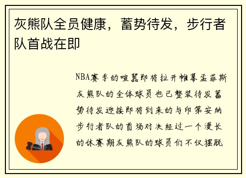 灰熊队全员健康，蓄势待发，步行者队首战在即